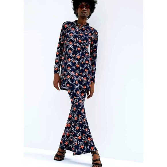Zara Retro 60s Print Tunic Top and Flared  Pants Stretchy Set S - Picture 1 of 8